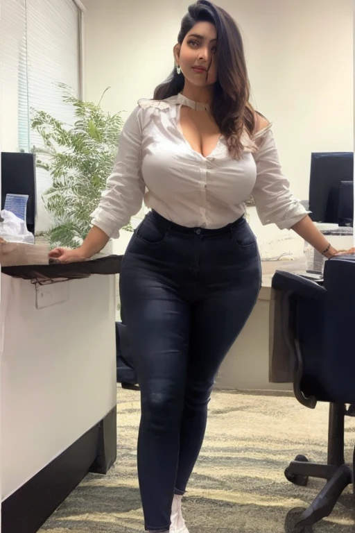 Low cut blouse, skirt, curvy body, cleavage,