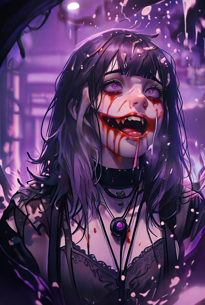 (Universal Professional 3D rendering:1.3) of (Illustration:1.3),(Guilty:1.5) <lora:Crazy_girl:0.75> solo, teeth, blood, 1girl, black hair, open mouth, blood on face, long hair, red eyes, choker, red lips, red theme, collar, fangs, glowing eyes, torn clothing, glowing,CGSociety,ArtStation,robot,((cyborg)),machine,futuristic,concept Art by senior character Artist,featured on zbrush central,trending on polycount,trending on ArtStation,CGSociety,hard surface modeling
