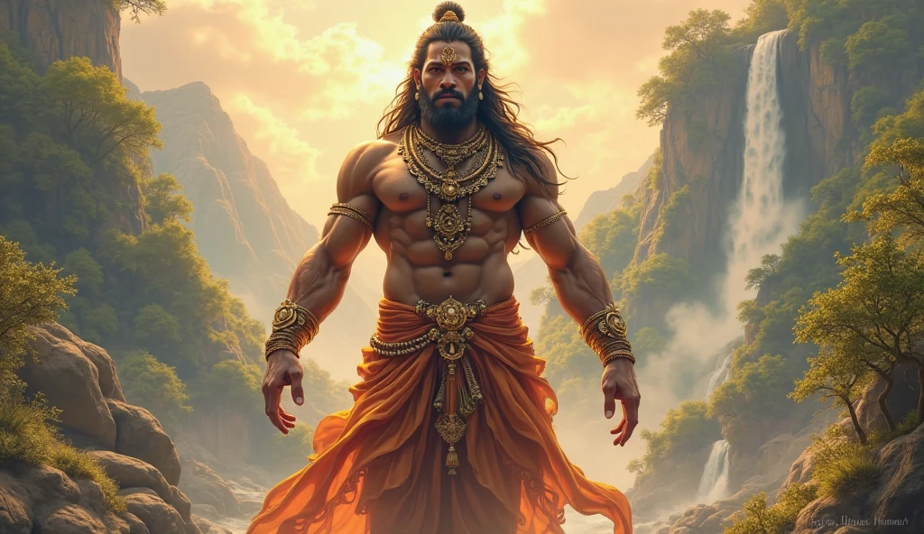 One man with big height and having thousand hands ,he is with six pack body and good personality holding bows and arrows with his thousand hands ,he looks like bramhana with wearing orange cloths