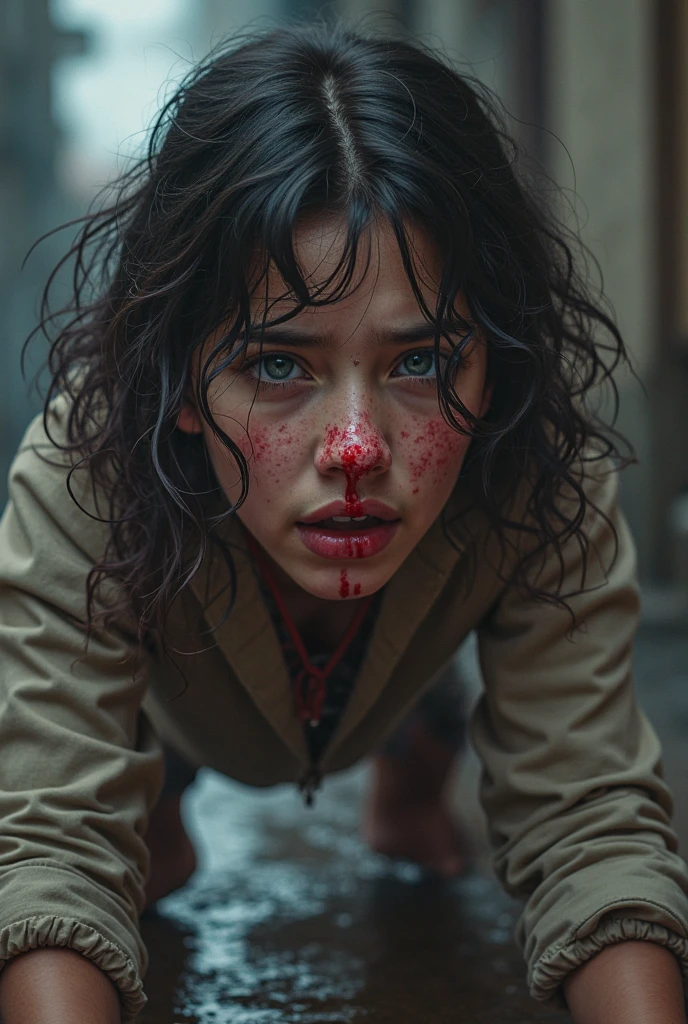 (masterpiece), (hyper realistic), half body shot, an 18 year old Chinese woman, Crying, sadness, Tears, A maroon scarf around his neck, blood stains on his face and clothes, dinamic lighting, dramatic fire background, full body