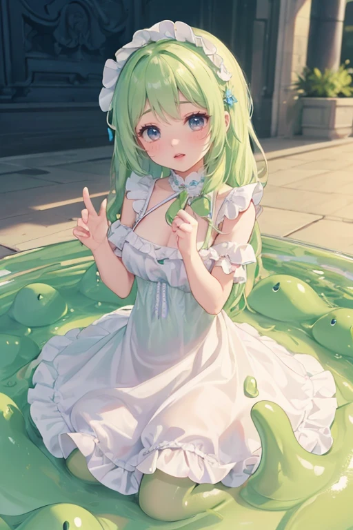 HDR, Excellent quality, 1Slug Girl, (lora:slime girl:1.3), white transparent body, transparent skin, translucent body, detailed slime body, (lying down:1.4) on the stomach, legs bent at the knees, petite curvy loli,one eye covered, Fox ears, Foxtail, short tail, One Tail, with a beautiful face, ssmile, woods