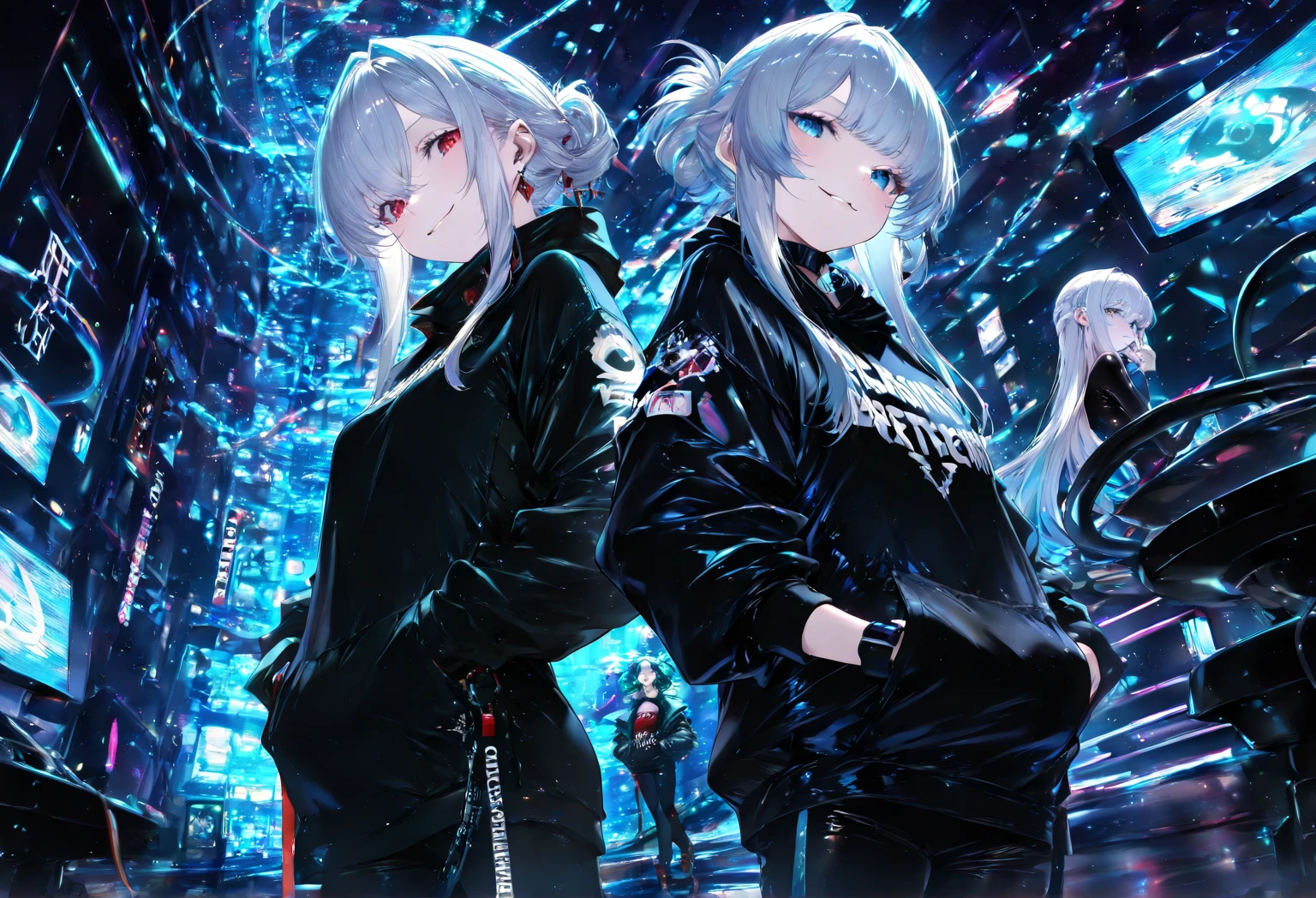 white  hair、Black hoodie