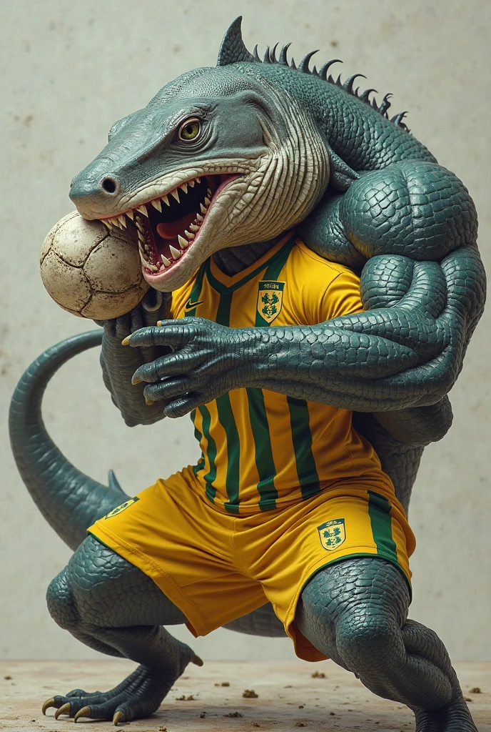 A muscular angry crocodile sports mascot wearing a green and yellow t-shirt that says "#AGRO 10" with corral background
