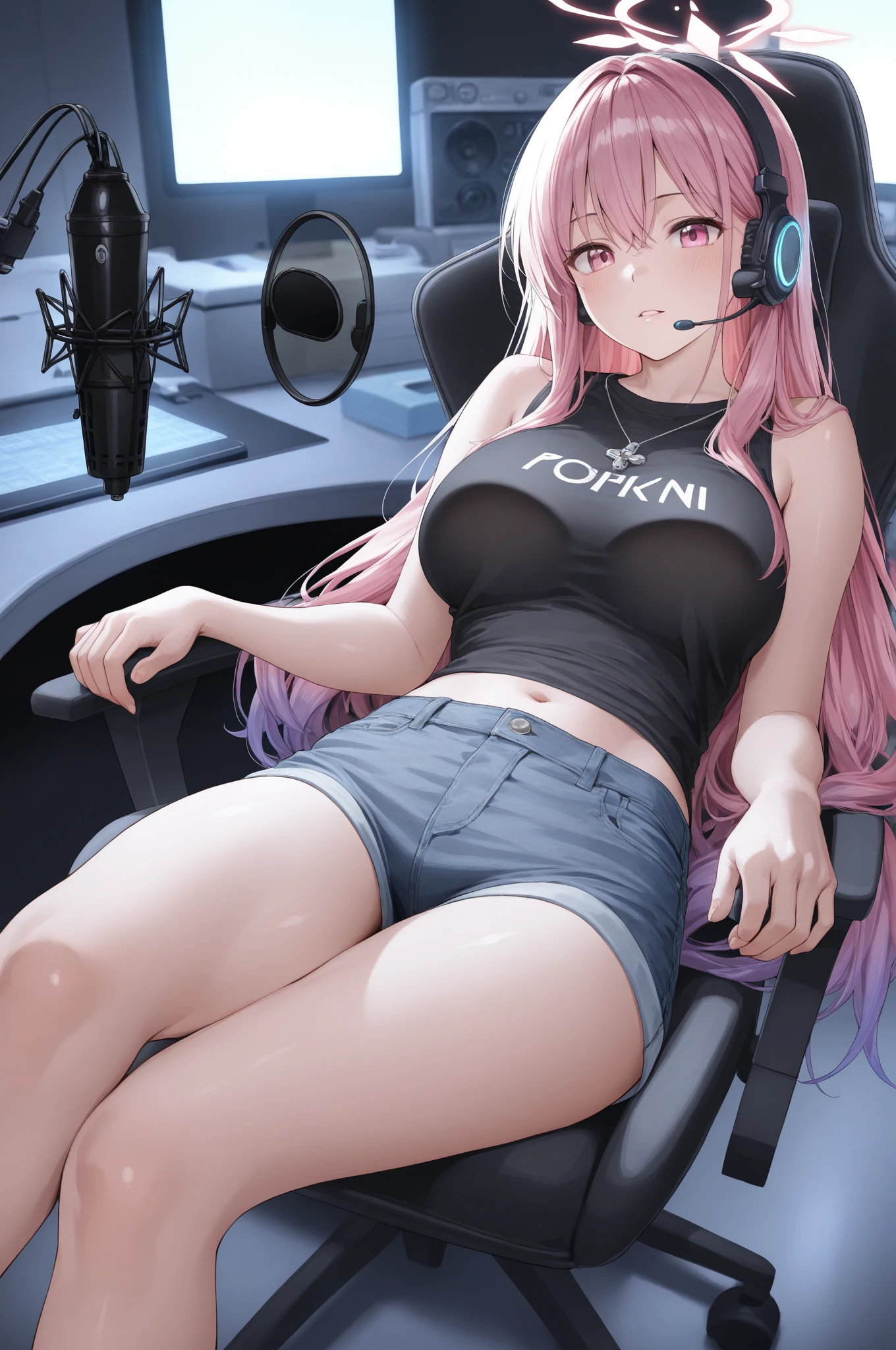 Islafe, 1girls, A masterpice, Ultra-high quality CG, the best quality, a girl solo, length hair, Gaming Platform, Gaming PC, Pink Themed Room, Gaming Keyboard, Gaming Headphones, video game console