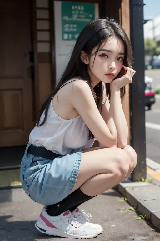 Sitting on the ground、Skinny Jeans、Open legs、Crouching、a beautiful detailed girl、bending her knees、шедевр、最好质量、Heavily detailed、White jeans、Inter-strands、hotpants