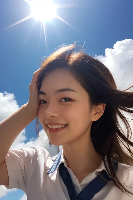 MKSKS, masterpiece, best quality, illustration, close up, straightforward, facial focus, smile, colorful, flowers, green sky, cloud sky, girl with beautiful eyes,