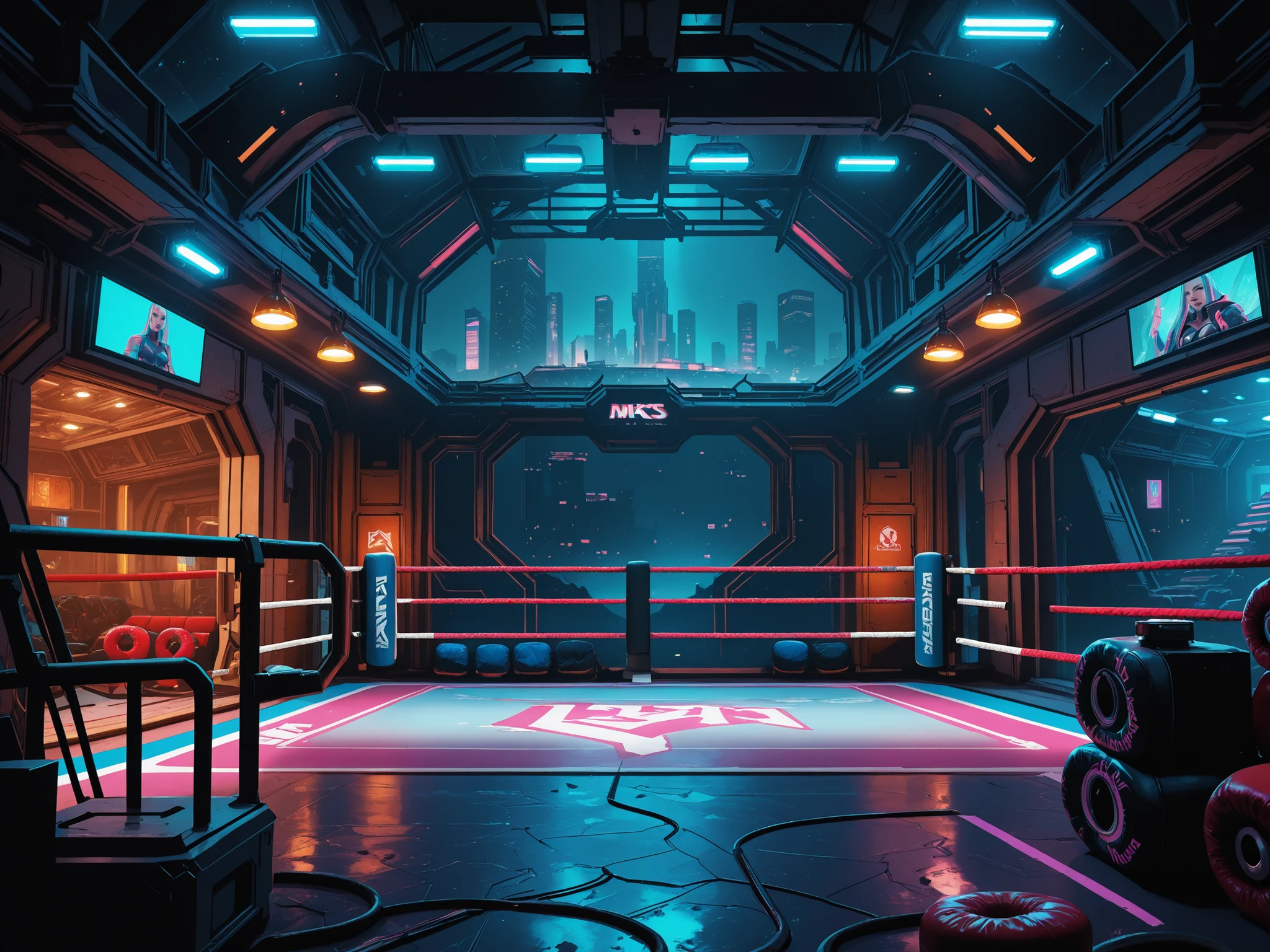 Conceptart,Concept Art,Samia, room, scenery, \(cyberpunk is coming\), indoors, \(cyberpunk Boxing ring\), underground fighting arena, interior lights, night, mksks style, dark style, best quality, perfect