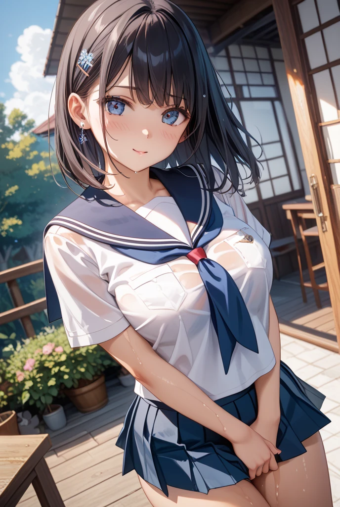 「highest quality、masterpiece、An illustration、very delicate and beautiful、very detailed、cg、8k wallpaper、wonderful、small details、masterpiece、最高の究極の芸術very detailed cg Unity 8k wallpaper」、japanese girl、(((huge breasts 1:1)))、(((Super Big 1:2)))、(((Pee)))、(((nipples are visible)))、(((I can see your breasts)))、(((black hair)))、(((white sailor suit)))、(((ponytail)))、(((Dark blue skirt)))