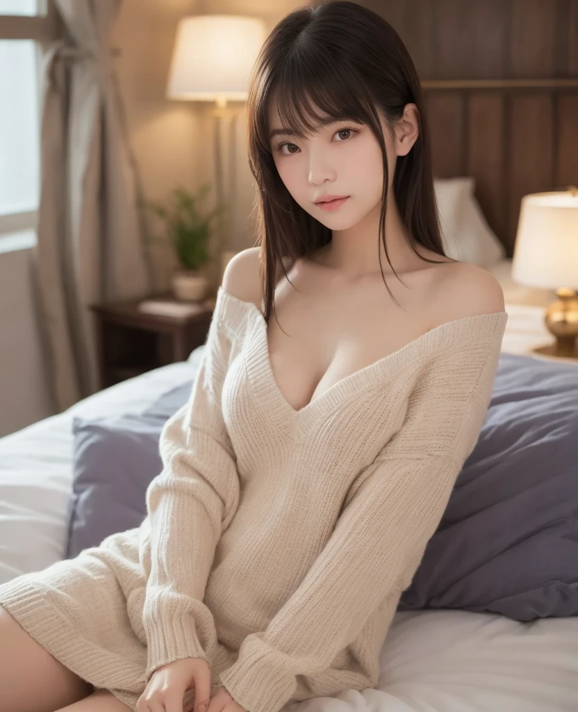 masutepiece , Best Quality, Ultra-detailed, Raw photo, Extremely delicate and beautiful, High resolution, Detailed eyes,detailed facial features, detailed arms,Detailed fingers,Detailed legs,
1girl in, 25 years old, Beautiful japanese girl, Small breasts, Plump lips, Wavy Hair, Short hair, She has one small mole under my eye.,
((all-fours)),((Full body)),(((From Side))), Bedrooms, Sleeping in bed, off-the-shoulder sweater, (((Looking at Viewer))), (((underlighting))), (Dark light), Film grain, SLR camera, 35mm lens focal length,((Open mouth)),((Half closed eyes)),((Biologically correct hands))