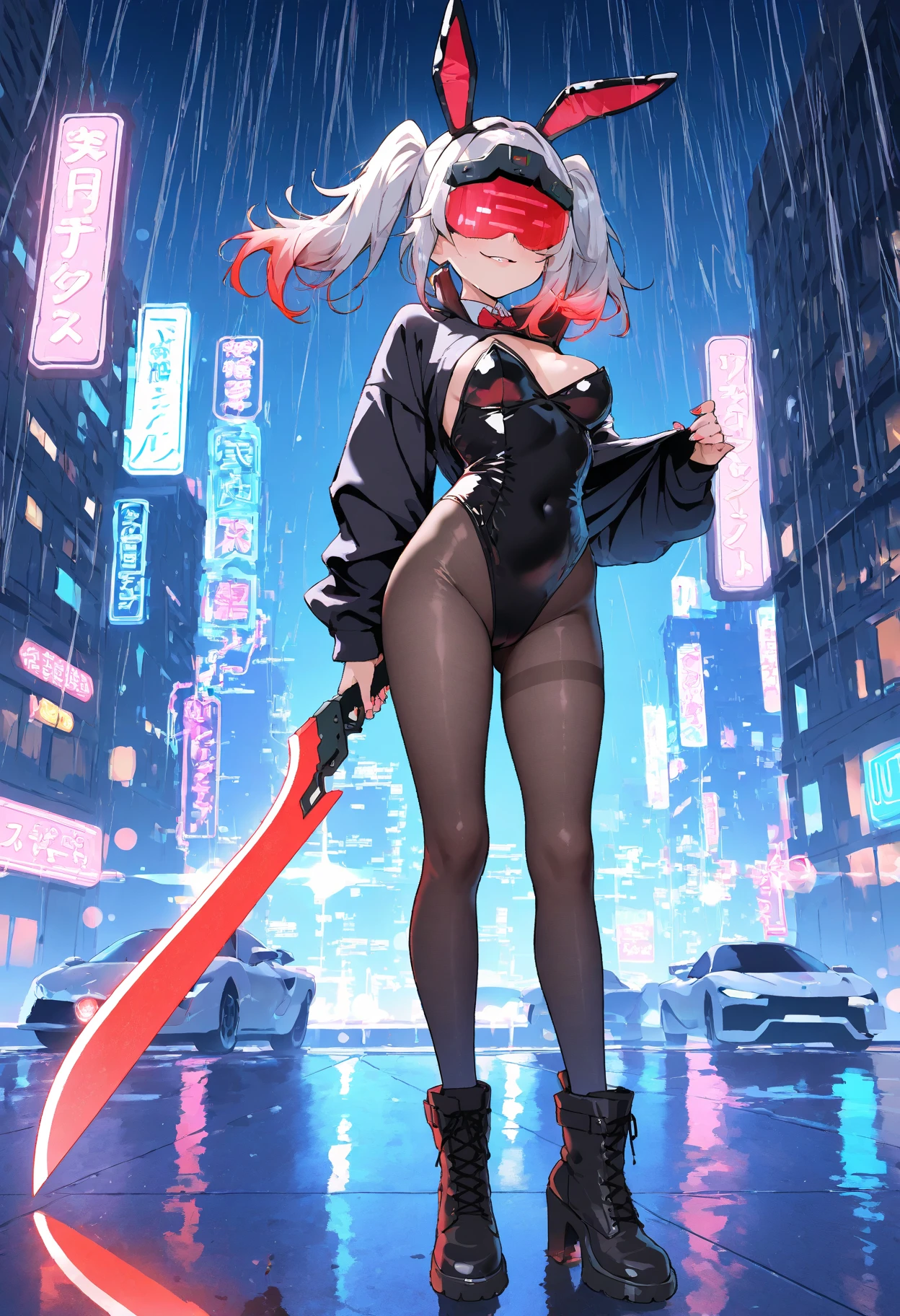 masterpiece, best quality, solo, solo focus, japanese yakuza mobster girl with a red gymnast leotard, matching boots, matching gloves, long hair, white hair, red hairband, glowing red eyes, face mask, bare legs, perfect hands, perfect anatomy, perfect proportions, (holding weapon, bo staff), facial scar, heroic, stylish, hdr, intricate details, hyperdetailed, cinematic, rim light, danger atmosphere, noir, night, cyberpunk lighting, tokyo street