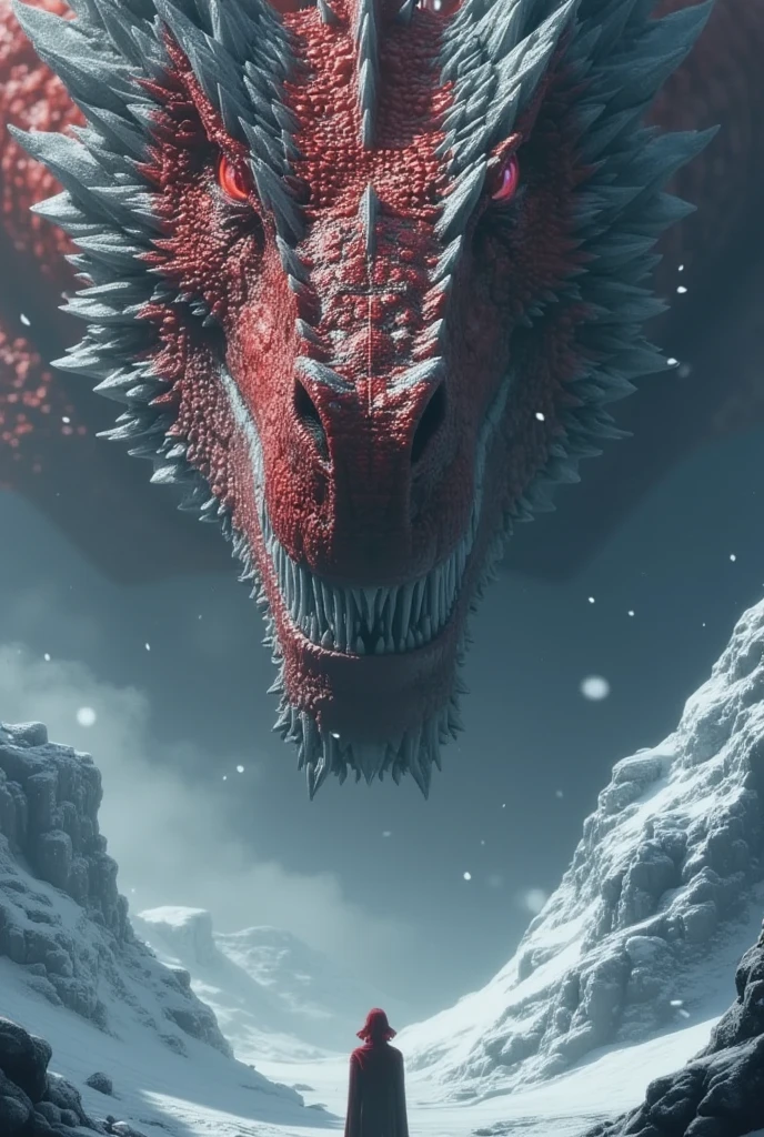 The image depicts a dramatic scene of a massive red dragon with icy ...