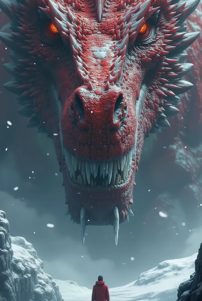 The image depicts a dramatic scene of a massive red dragon with icy ...