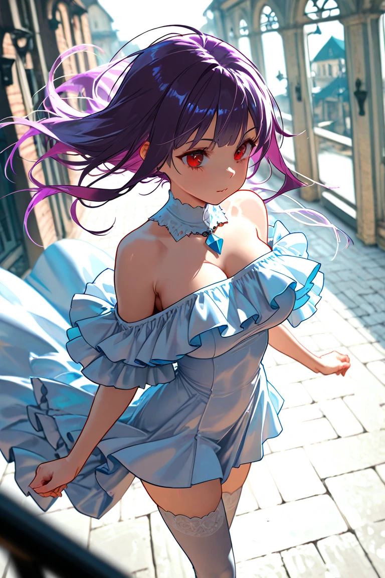 Kujou Sara| genshin impact, master-piece, bestquality, 1girls,25 years old, proportional body, proportional., Wedding Dresses, White Wedding Dress, wedding,Long skirt, mediuml breasts, ,bara, choker, (Graffiti:1.5), Splash with purple lightning pattern., arm behind back, against wall, View viewers from the front., Thigh strap, Head tilt, bored, 10, 10, HD,