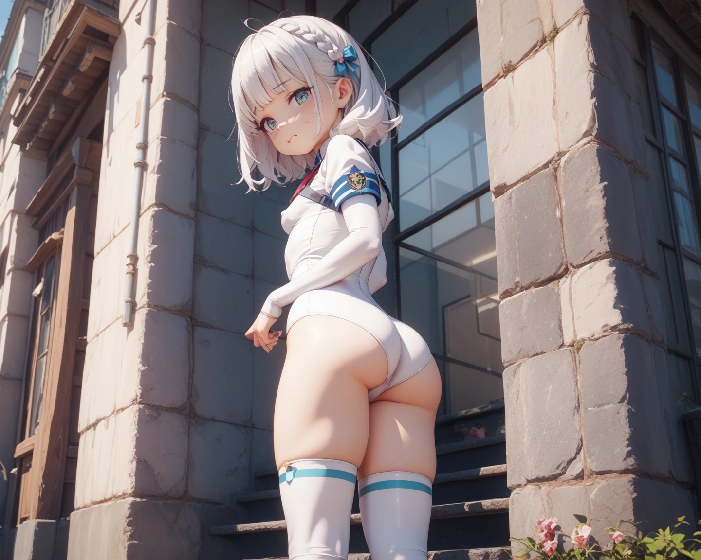 ((Naked))、Nipples、Highest quality, Tabletop,(Perfect hands, Perfect legs,Perfect Anatomy),Things to know, Not enough, One Girl, chest, ponytail, chestの谷間, , bow, shoulder, short hair, Hair bow, Blue Ribbon, One Girl, Trojan horse, rubbing the crotch, Thought-provoking liquid, shibari, Tabletop, Highest quality, Very detailed、(fold your hands behind your back:1.5)、Hmph, chest, Gray Hair, blue eyes, Focus on women, whole body,, juice, Sweat, trembling,(Straddling a Trojan horse:1.3)