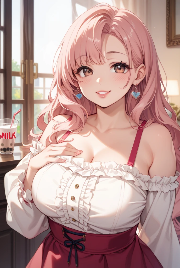 It rains, wet white wear,See-through clothing,Transparent clothes,Upper Body,ハート型chestパッチ, masterpiece, Highest quality, so beautiful, Absurd, High resolution, ＪＫ,Huge ,One girl,bow,bowtie,chest,Hair Bun,Long Hair,View your viewers,smile,Cafe,Are standing
