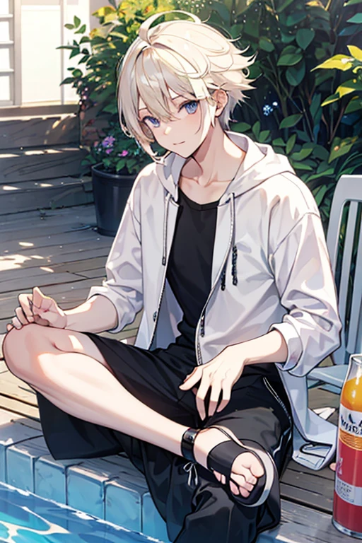 1boy, smiling, bright silver hair, blushing, sitting on a chair, white clothes, black shorts, sneakers, garden background, closed eyes, curly hair.