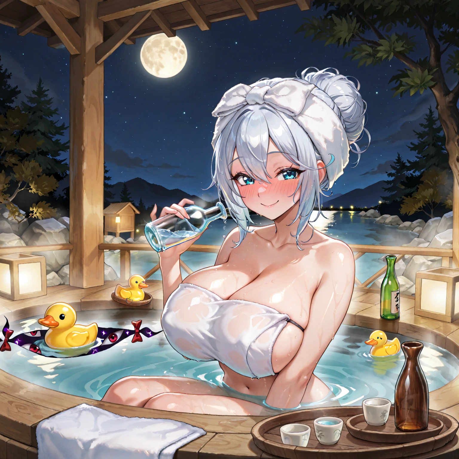 the night,The heat of natural hot springs fills the air,One is plump、Beautiful woman sitting in hot spring,Enjoy the comfort brought by hot springs。Her body is surrounded by warm water,The yukata is hung loosely around the body,Half a shoulder exposed。Her skin is reflected by the steam of the hot spring,appear more attractive。
Women’s breasts look plumper in the water,White skin and hot spring water complement each other,appear more attractive。Her face is flushed,Close your eyes slightly,It's as if you're enjoying this wonderful time。Long eyelashes flutter gently,Gives people a sense of calm and vitality。
The rocks and vegetation beside the hot spring are illuminated by the lights at night,Presenting a mysterious and romantic atmosphere。The women in the water seem to blend into the scenery,It makes up a beautiful picture。The steaming hot spring water flows slowly,With female laughter,Bringing endless warmth and beauty to this night。
On this peaceful night,The female figure complements the hot spring scenery,Let people be intoxicated in this poetic and picturesque realm。With the gentle ripples of hot spring water,This moment seems to be frozen forever,become an unforgettable sight。