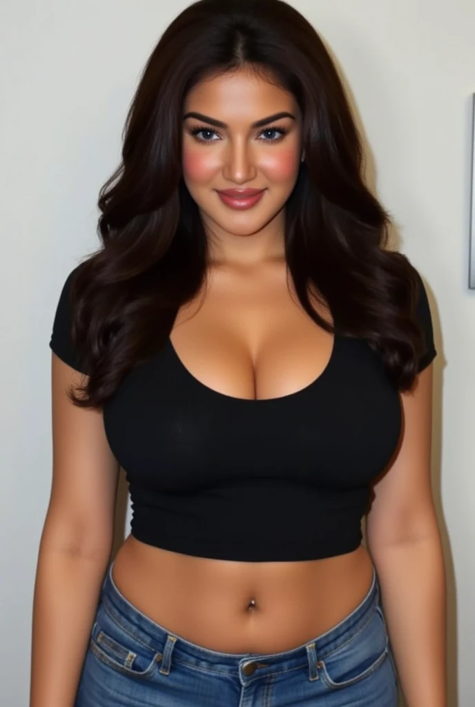 Portrait of a curvy girl in a black top, huge breast, leaning on the red wall, High quality image, masterpiece, detailed hair texture, detailed skin texture, detailed cloth texture, 8k, add fabric details, ultra detailed skin texture, ultra detailed photo, skin pores, cloth details, high skin details, realistic hair details