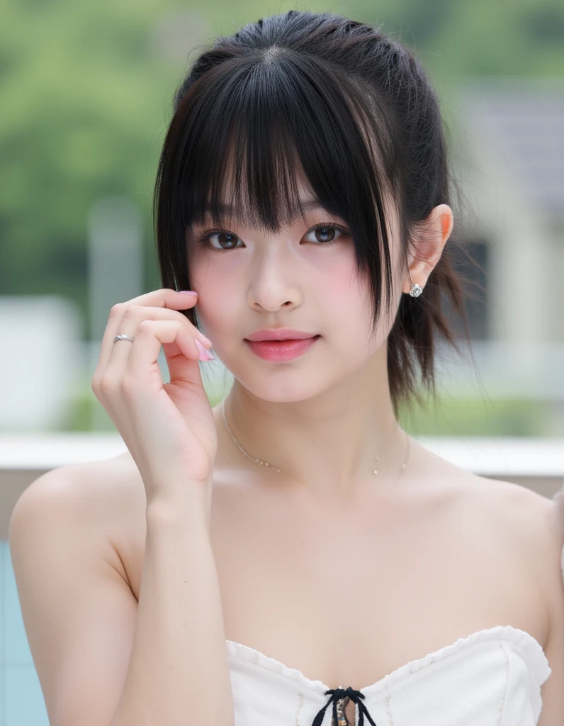 Best quality, Ultra high resolution 1 girl, Black collar, ssmile, exposed bare shoulders, Just focus, looking at viewert,Fair skin,the sunset,cherry tree,フォトンマッピング, physically-based renderingt, RAW photos, very highly detailed background,K-pop idol,depth of fields,torii,Sakura NS,hair adornments,Detailed faces,Glowing and radiant skin,GameCG,Full body lesbian,Sexy but not revealing