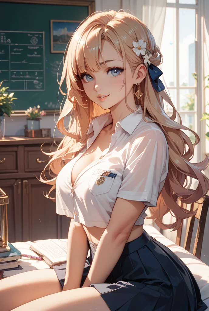masterpiece,highest quality,32K,ultra detailed,young woman,cleavage,light brown eyes,light makeup,fair skin,shiny skin,smile,silky hair,bangs,ponytail,straight hair,blond,school uniform,short sleeve dress shirt, summer style with light fabric, plaid skirt,library