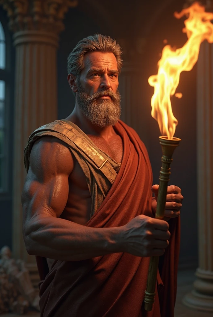 A man with a beard and beardless face in a fire, Henry Cavill como um deus grego, 8k vfx render, unreal engine 5 render dramatic, fire behind him, retrato vfx altamente detalhado de, Efeitos visuais impressionantes, VFX rendering, hyper - realistic vfx render, Retrato VFX altamente detalhado, VFX rendering hiperrealista, estilo fantasia 8 k octane render