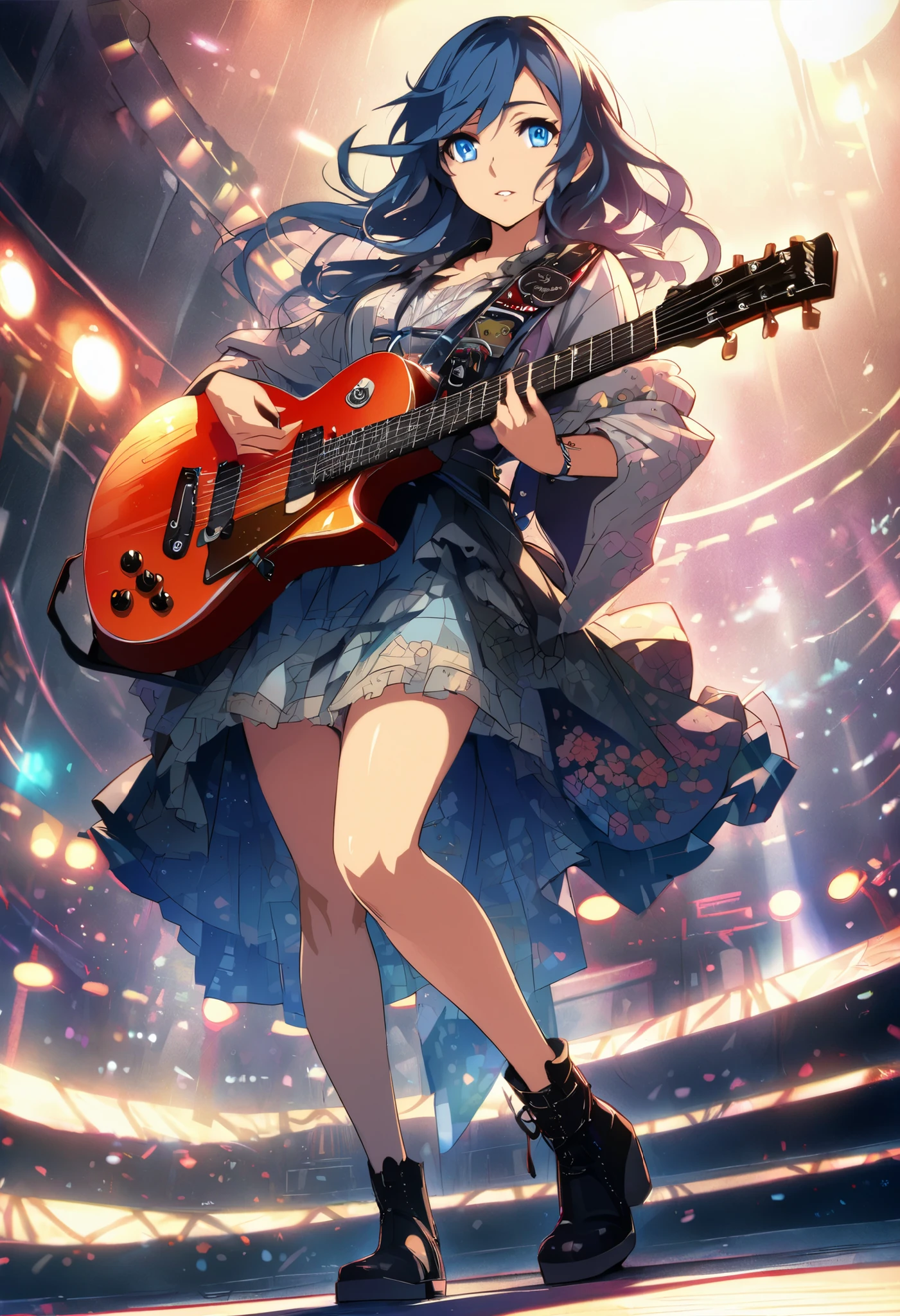 Masterpiece,splendid, 1Girl,naked, playing guitar, electric guitar, , Tracked lighting,