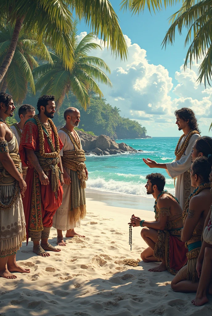 Create pixar animated style characters of Jesus Christ with his robe ,Zeus of Greek mythology, Ramayana of Hinduism,and a character from indigenous mythology man Create them on the same sheet but each character is different but stands out That same image but all the same size and Zeus appears