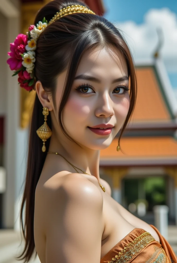 ThaiFacemixx, Take the whole body, 1 woman,
85 mm lens,F/8.0,
brown hair,
big breasts,
(Khaosan Road:1.3),
1 girl, 18 years old,
Double bun and long twin tail, light blue hair
detailed Face, Detailed eyes, Shiny skin,
(extremely detailed 8ก wallpaper),(8ก, raw photos, HDR, nonsense:1.2,best quality, Masterpiece:1.2), (realistic, photo-realistic:1.37),best quality, realistic, photorealistic,very detailed,extremely detailed Face,light,Take ultra-wide-angle photos, 8g UHD, dslr, soFt lighting, High quality, Film grain, FujiFilm XT3
tradition gold body strap,
red sabai dress holding a Flower,
Thai style necklace,
Thai style bracelet,
Thai style belt,
Traditional Thai earrings,
Strapless Thai dress.,