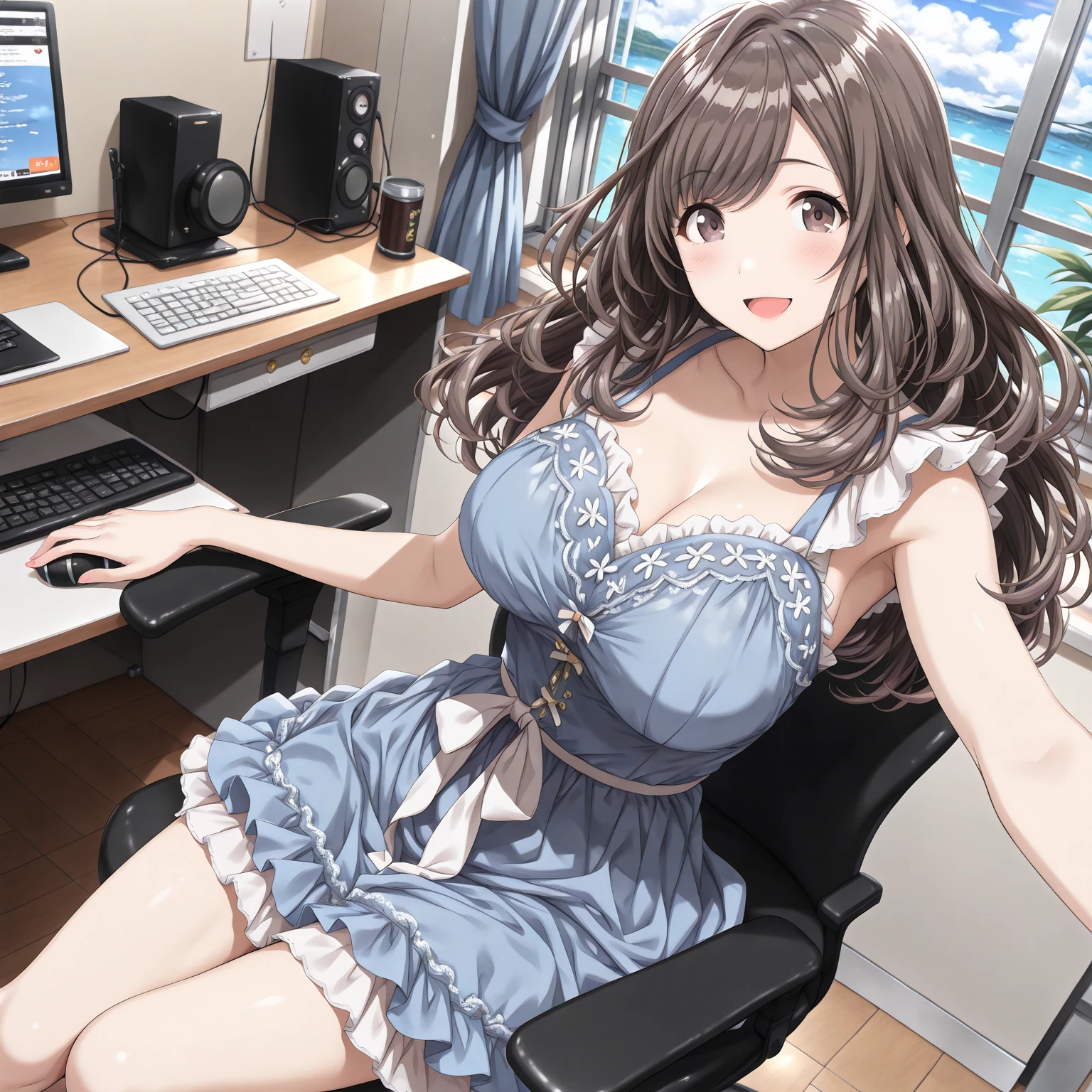 ((((highest quality)))), (((Ultra-precision CG 16K))), (((masterpiece))), (((Very detailed))), (((Extremely detailed))), (((Black outline:1.3, Written boundary depth:1.3 , Written soft outline))), Blur, Bokeh, Maximum clarity and sharpness,Multilayer Texture, Surface Shading, Cinematic lighting, Beautiful details sparkle ,Perfect Proportions, Limited to three woman, BREAK accurate, Anatomically correct, Highly detailed face and skin texture, drawn in detail, Highly detailed facial and skin texture, Detailed eyes, beautiful hair, Beautiful Japanese Idol face, Beautiful and beautiful eyes, Beautiful body, Beautiful breasts, Beautiful thighs, Beautiful legs, Beautiful fingers, (Beautiful views) , skinny body, ((Beautiful Skin)), ((Skin Texture)) BREAK breast enlarged, large Breasts, rocket breasts, slender waist, (blush, smiling:1.3,) BREAK (office lady fashion , mini-skirt with slits, no-sleeve ) , wearing glasses, wearing earrings, BREAK ((Leaning back in the chair:1.3) , Stretching-upwards:1.3, stick breast out),( a woman in the office room, serious, sit in an office chair, from side, from below, looking at ceil , bust up, cowboy shot),