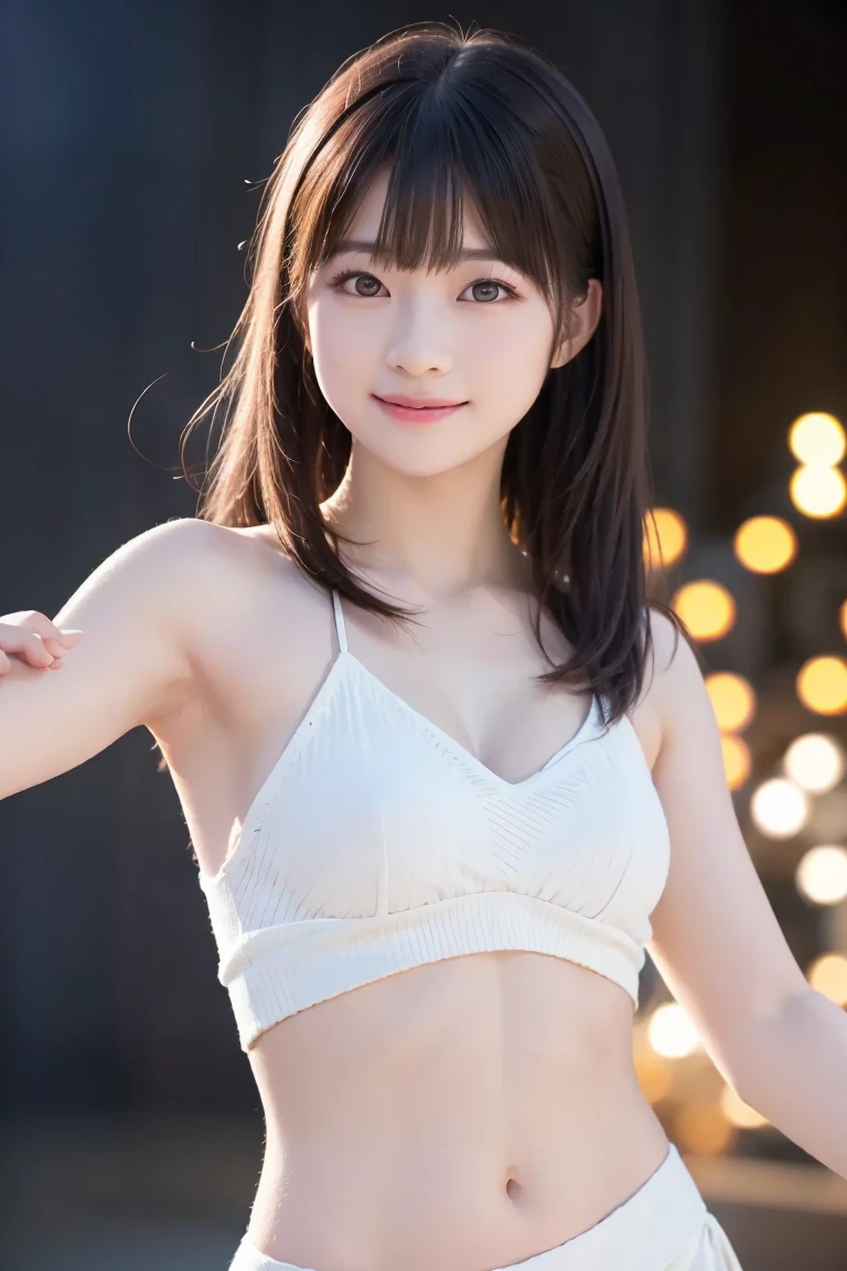 (highest quality,masterpiece:1.3,Ultra-high resolution),(Very detailed,8K),(Realistic:1.4,RAW shooting)。Blurred Background、Looking at the audience、smile、young woman、camisole、belly button、Thighs、Twin tails、City of night。Night view。