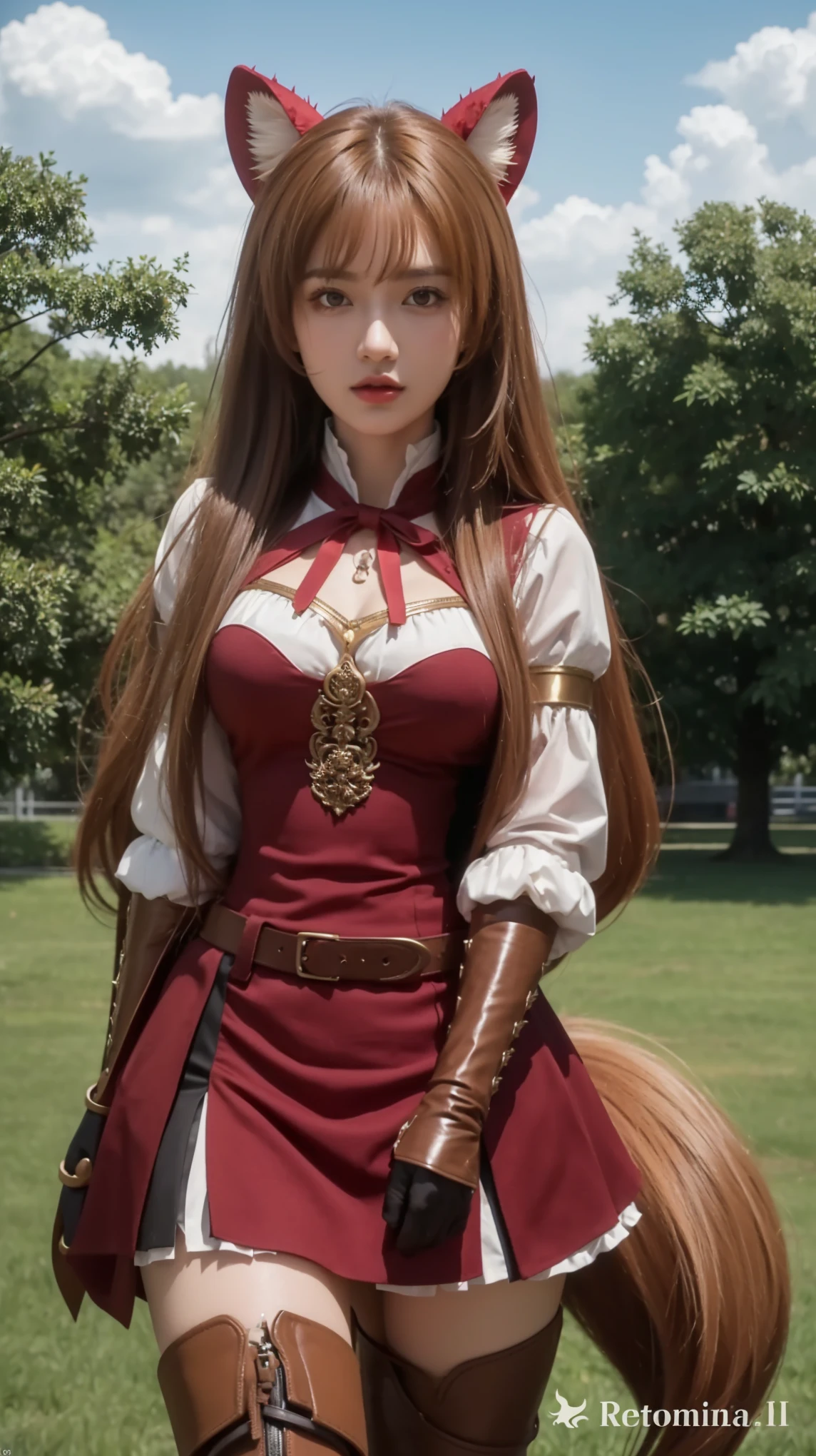 A young Japanese idol-style woman with a small, round face and youthful features. She has natural makeup with a hint of blush and glossy lipstick, wearing a confident and heroic expression. Her hair is auburn, long, and styled in a straight, flowing manner. She has a short and voluptuous build with fair skin, a slim stomach, and a curvaceous figure. She is wearing a detailed SAO Asuna cosplay outfit: a white and red knight's uniform with a short skirt, thigh-high boots, and a silver breastplate. She is standing in a dynamic pose, one hand resting on the hilt of a sword at her side and the other raised as if ready to cast a spell. The background features a fantasy landscape with floating islands and a magical castle in the distance. The camera angle is from a low perspective, capturing her full body and the epic, adventurous atmosphere. The image should be high quality, realistic, and detailed.