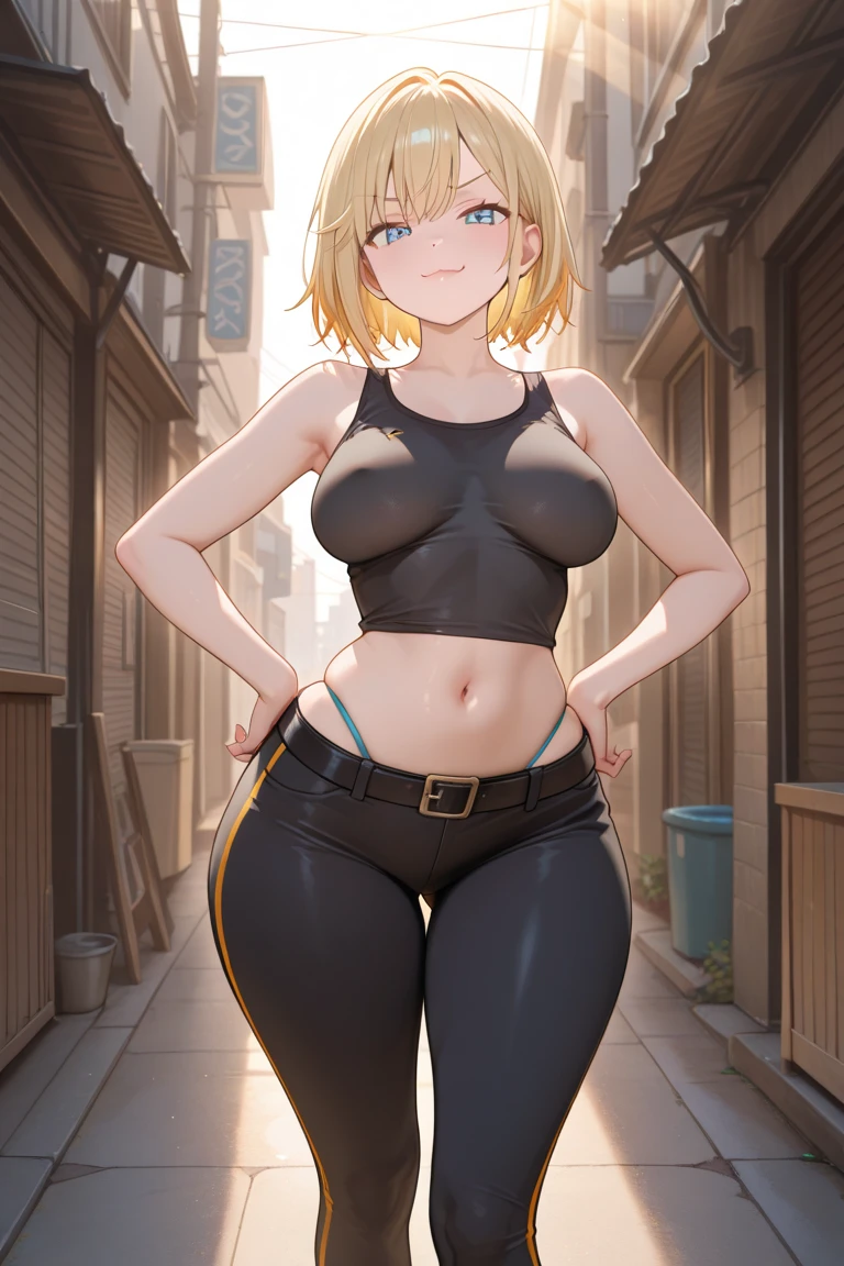 highest resolution,8K quality,Beautiful smiling anime girl, tight leather pants, red tank top with big breasts and wide hips, urban landscape, Whole body, ((view from below)), urban landscape,evening, Blonde hair and green eyes