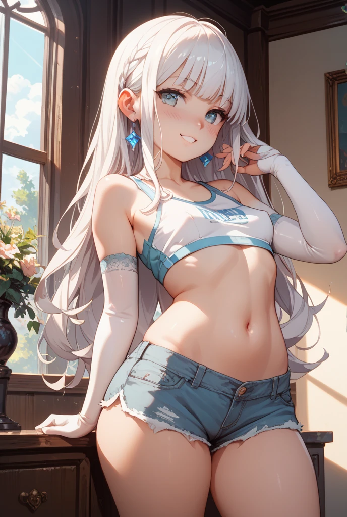 realistic, 1girl, Hair braids, parted lips, blush, makeup, slim, perfect body, light smile, white hair, denim shorts, t-shirt , bedroom background , wet clothes, glow, thighs, blue eye, bare shoulders, collarbone, narrow waist, sunbeam, sunlight, rose, wind, cleavage, (masterpiece), sweat,
