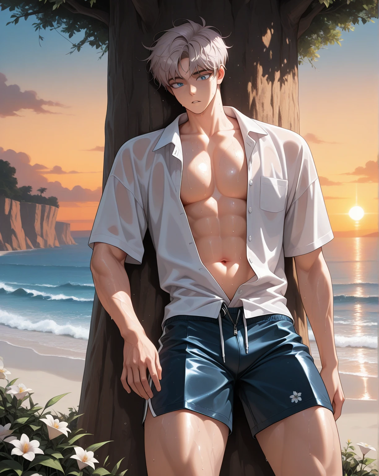 A 27-year-old handsome man stands at 5'9" with a slim yet muscular and athletic build, his stylish grey mullet hair, his hydrated clean shaved face, his grey iris gleaming in the warm light. He is shirtless, wearing fitted short sheer white microbriefs shows a subtle pattern with well enlarged defined outline and stylish design. He is taking a dip in the sparkling crystal clear waters in a crystal clear water of a beautiful lake. The gentle sunbeam illuminate his body, creating a sense of relaxation and tranquility.