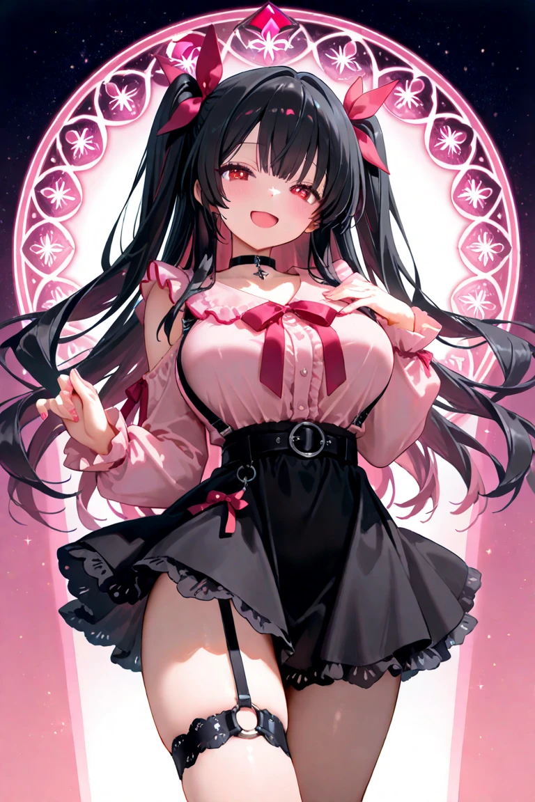 woman,(Detailed Description,Unbelievably absurd,High resolution,8k wallpaper,masterpiece,Highest quality,Regional Depth,Anatomically accurate depiction,A face with attention to detail, Eye on the details,Perfect body,Two beautiful hands, Five perfect fingers,Curvy Legs,)(Glowing Skin,Glossのある肌,Oilskin),(((Sexy Idol))),(Idol Costumes,Cute hairstyle,tights,Choker of Hearts,boots,Gloss),eyelash,(bright pink eyes,Look at me sideways,There is cleavage in the chest,Captivating smile,Large Breasts,Glossのある唇,Cute pose),Sweat,whole body,microphone