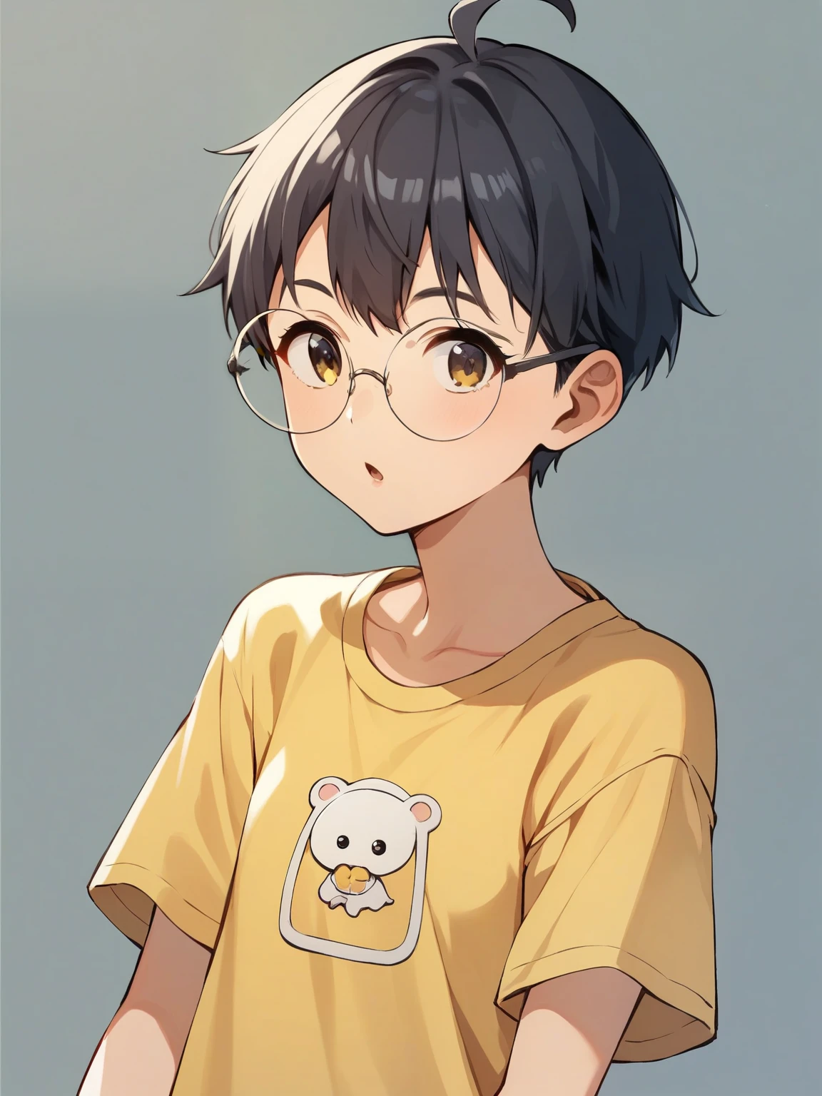 SCORE_9, SCORE_8_UP, SCORE_7_UP, SCORE_6_UP, SCORE_5_UP, SCORE_4_UP, Anime,nsfw,Uncorrected,young ,baby-like face,very small breast,small,skinny,imagine yourself as a Japanese person with round glasses like in the animation,yellow t-shirt and dark blue miniskirt like in the animation,Animeーションのように,
