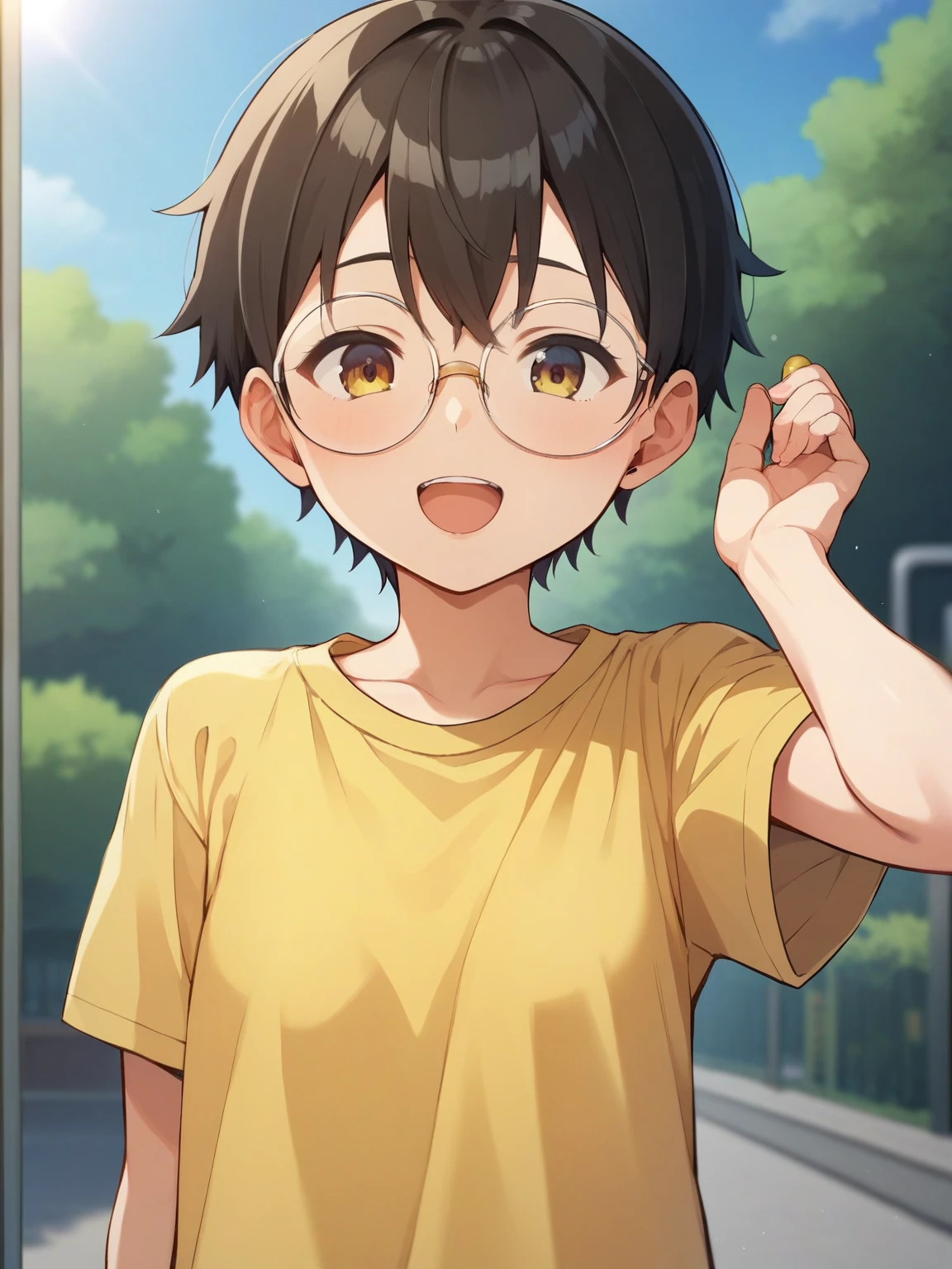 SCORE_9, SCORE_8_UP, SCORE_7_UP, SCORE_6_UP, SCORE_5_UP, SCORE_4_UP, Anime,nsfw,Uncorrected,young ,baby-like face,very small breast,small,skinny,imagine yourself as a Japanese person with round glasses like in the animation,yellow t-shirt and dark blue miniskirt like in the animation,Animeーションのように,