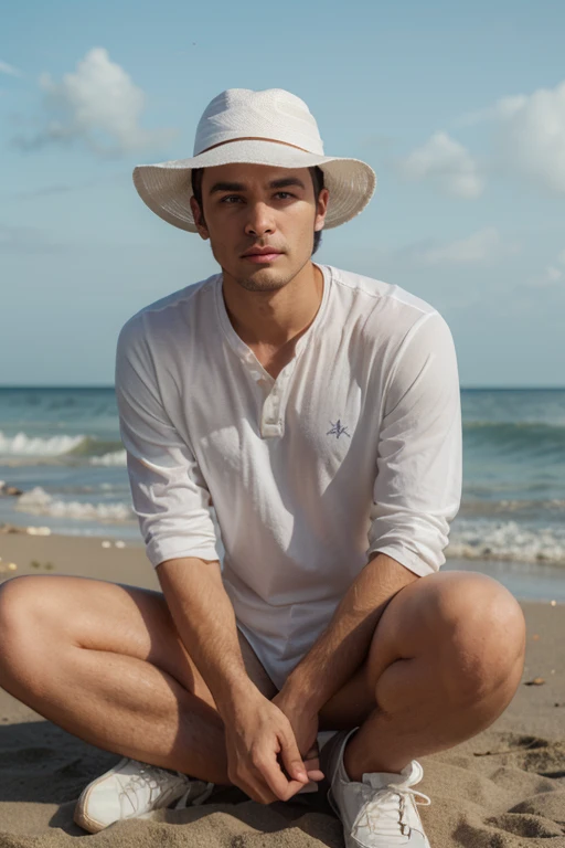 Hot shirtless white tan sweaty masculine country boy teen wearing a white cowboy hat on beach standing in pristine short skin tight white  running shorts accentuating the big bulge in his dick and balls in his crotch. He has fluffy straight brown hair and a clean shaven look along with a sharp jawline. The white shorts really accentuate the protruding bulge in his shorts from his penis. His hairy legs stand tall in the sand, supporting his skinny teen 1 boy body. He lacks facial hair, but his jawline makes up for it with how sharp it is