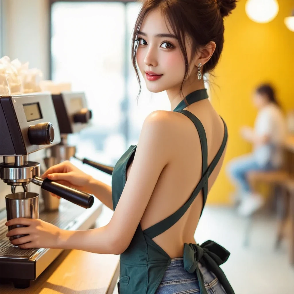 coffee counter background in Shady coffee shop, 1girl, standing, back viewer,
1girl, pretty girl, 18 years old girl, smile:1.1, happy mood, Bright eyes,
beautiful girl, masterpiece, best quality, (((look at viewer))), (detailed, eyes, iris),
8k, RAW photo, photorealistic:1.4, realistic:1.4, natural:1.4,
nudity, nsfw, apron, high hell, (pussy viewer),