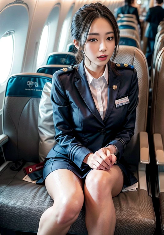 (Super beautiful)、(beauitful face:1.5)、Japan flight attendants、(Clear pubic contours),(spreads her legs:1.1)、(Cabin Attendant Uniform:1.3)、Brown hair、(white panties)、Passenger seat on airplane、(At SFW:1.1)