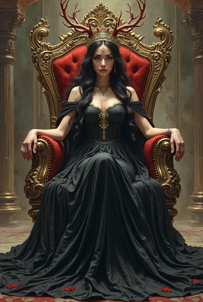 Majestic pink queen woman sitting on a throne with black hair
