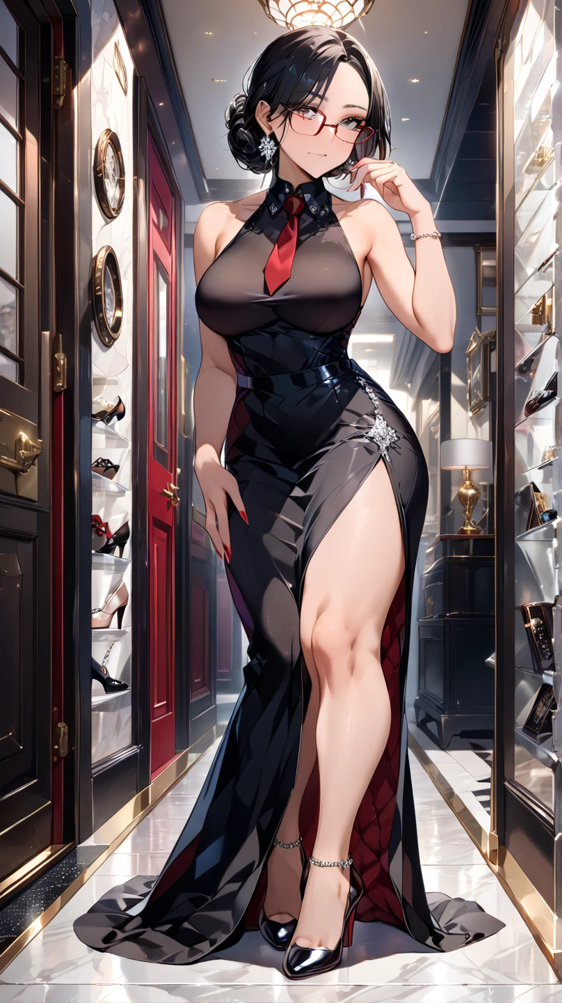 best qualityer,work of art,chestnut hair,wearing a purple evening gown,breasts big,perfectbody,full body shot shot,Cool poster,wearing glasses,36 mature beauties,Single player anime style,seduces a young man ,(uma jovem mãe com breasts big,narrow waisted,Ombros Kales,(wearing a purple evening gown, transparent black pantyhose, flower print, Kale)fund:restroom,restroom,blush on her face, She is holding the strap of the dress, taking it off and leaving her breasts completely exposed..