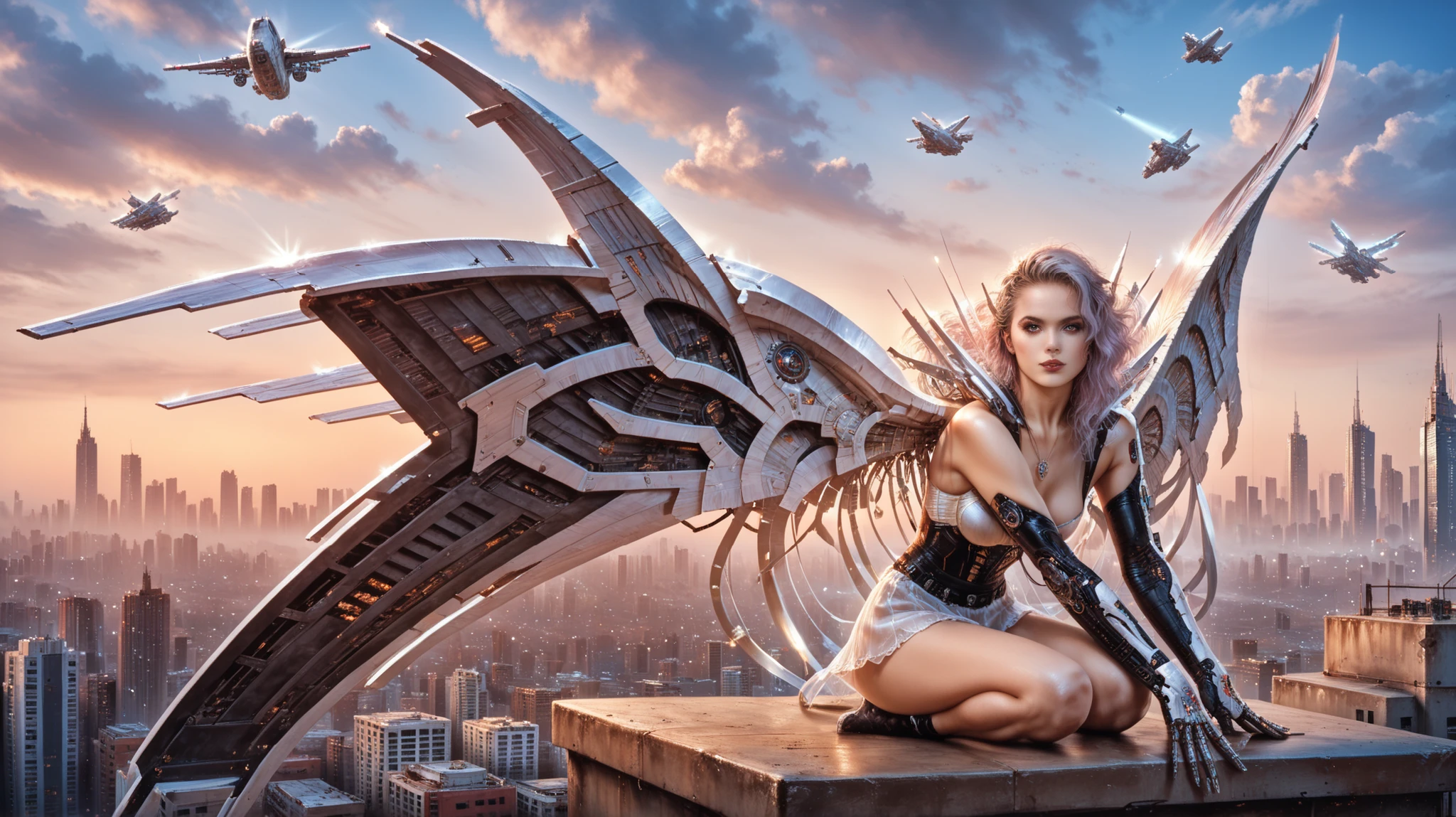 realistic image, High quality, photorealism, perfect anatomy; Gothic atmosphere, Dark atmosphere; a cyborg with a mechanical imitation of a woman's body and mechanical angel wings poses on the roof of a futuristic skyscraper;