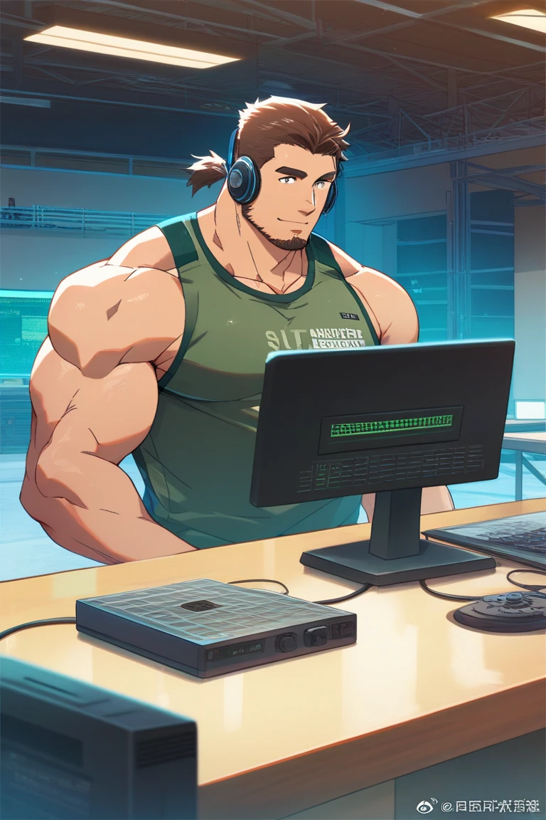 handsome scientist, short hair, stubble, red hair, muscular, studying nuclear fusion, futuristic lab setting, focused, nice skin, big bulge, big muscles