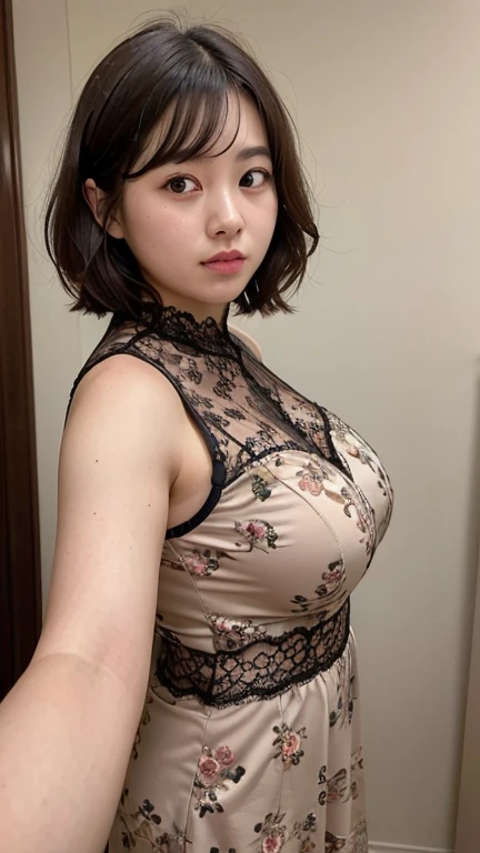 highest quality,masterpiece,Ultra-high resolution,(Realistic:1.4),Beautiful lighting, (Highly detailed CG Unity 8k wallpaper), Beautiful face in every detail,Detailed clothing, 50mm portrait photography, No background、One Girl,Big black eyes, cute, young, Temporarily stop, Facial Lighting, Physically Based Rendering,Written boundary depth , Black Hair, short hair, ((Take from above)), Japanese women、20-year-old、White Dress、(Big Breasts)、(Upper Body)、Young and beautiful woman taking a selfie, Taken with iPhone camera、In front of a white wall