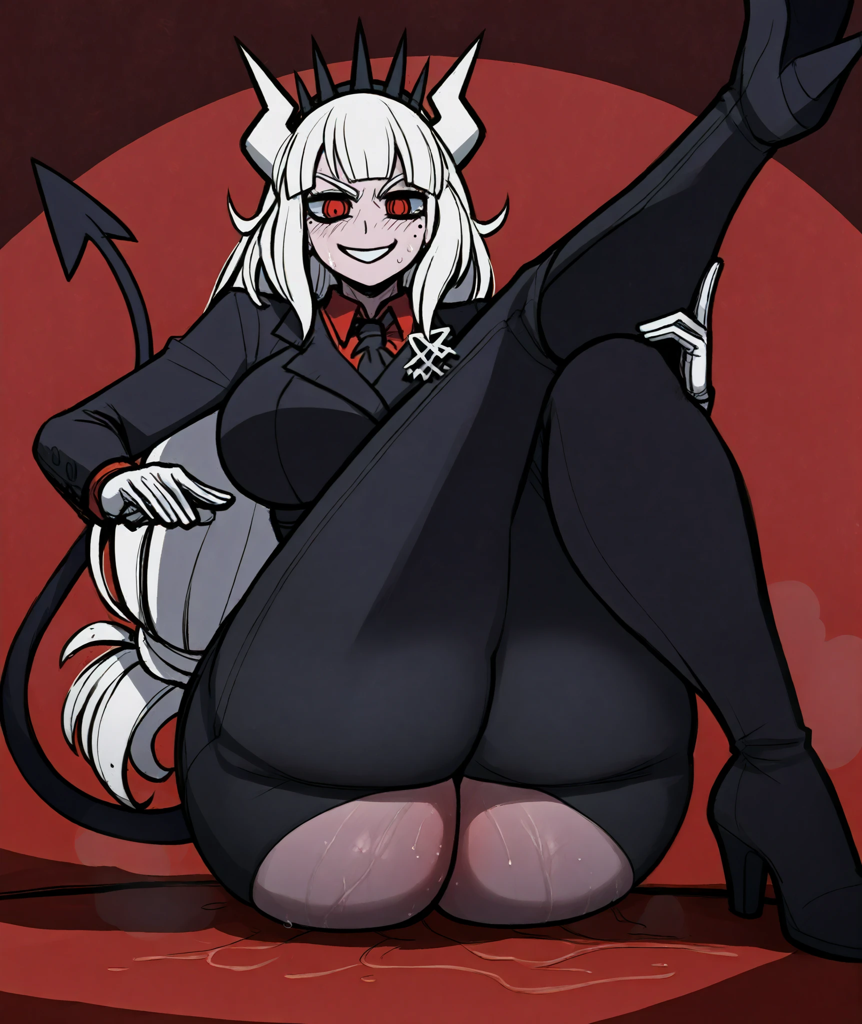 alone, ripped black dress,sexy body, huge breasts and huge ass, thicc thighs, short white hair with red dye on the tips of my hair, red eyes,has a forked tounge, net leggings,pale skin, Gothicc,......and a wolf mounting her doggy style
