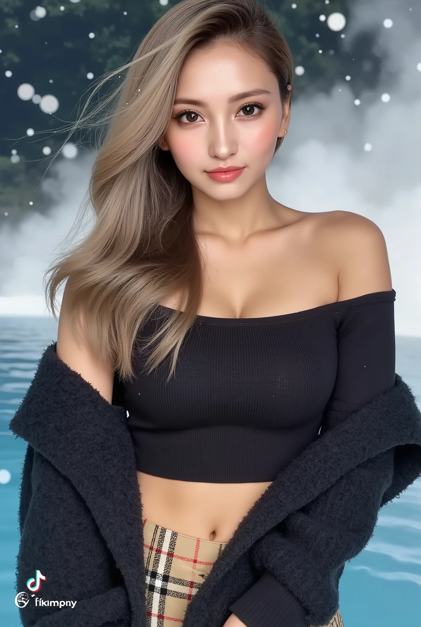 Cool Beauty, blonde, shiny, silky, wavy long hair,passionate and explicit, charming eyes, Transcendental Style , wearing a black wide crop top with open shoulders and an oversized knit, fluffy, girly sweater, Burberry check flared skirt, black thigh high boots, The background is sparkling water droplets reflecting the sun's rays, Ultra Detailed, Absolute Determination, masterpiece