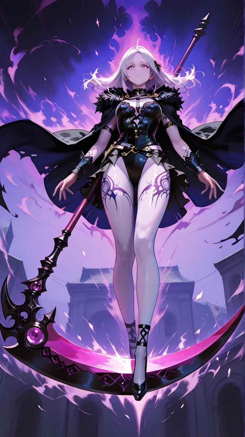 16 years old,1girl,solo,cowboy shot, (navel), ((black cloth covering the breasts)),glowing magenta eyes,white hair, long hair,(((pale skin,extremy white skin,hair over one eye,halo pink))), sharp teeth, open mouth,(medium breasts),(hidden arms,white skirt,bare feet,villain,psycho,villain smile, psychopath,angry),((floating in front a stones ruins in night))
