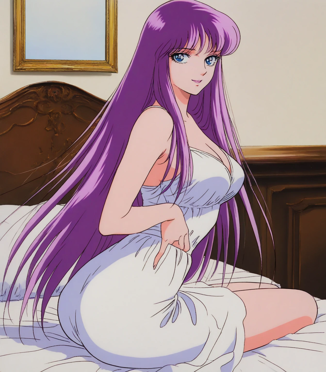 1980s \(style\),masterpiece, Highest quality, High resolution, anime, Lacus 1, One girl, alone, Pink Hair, Straight hair, hair ornaments, White sleeves, blue eyes, White Dress, Purple Skirt, Long skirt, Very long hair, Bare shoulders, Large Breasts, smile, Gundam, On the floor,retro artstyle,