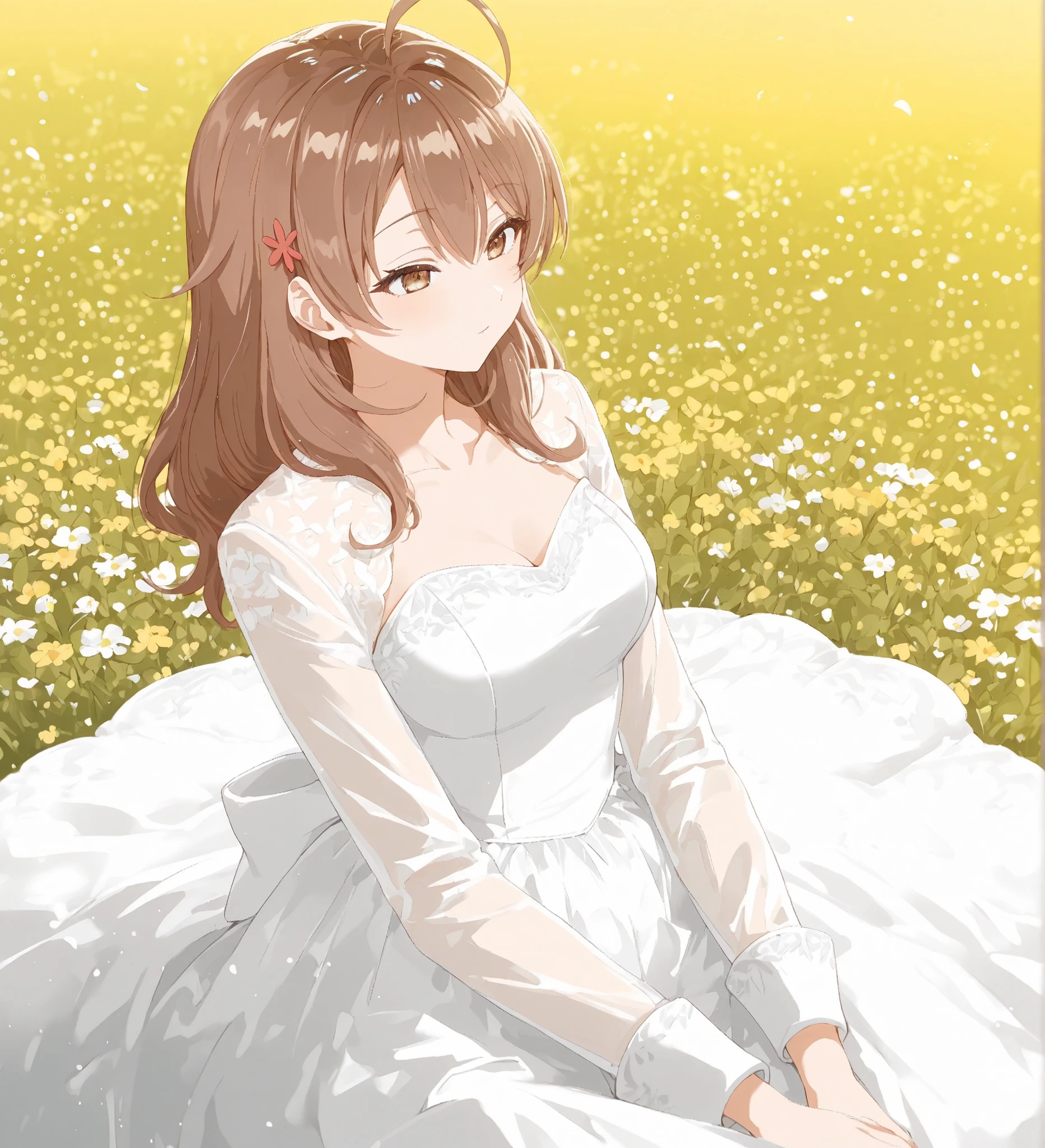 Masterpiece, best quality, absurd, asthetic,Maria Mikhailovna Kujou, Brown hair, long hair, brown eyes, hair hair ornament, ahoge, medium shot, wearing wedding dress,in field full of flowers